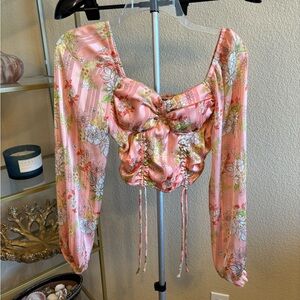 Madden NYC Pink Floral Ruched Tie Front Crop Top Long Sleeve Size XS